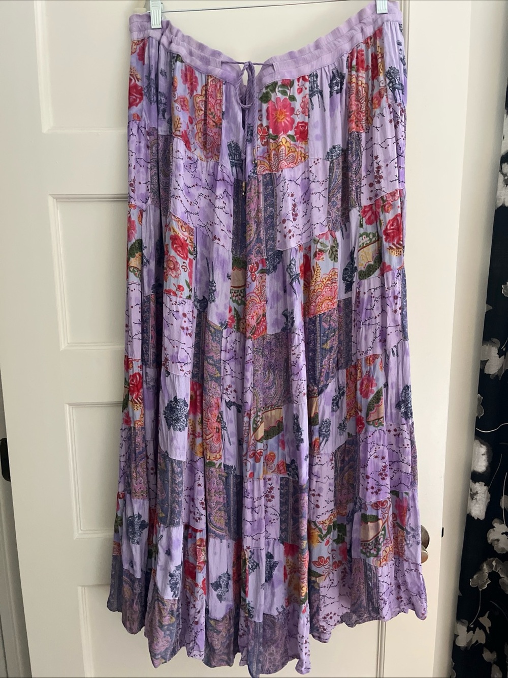 Boho Lilac Patchwork Maxi Skirt with Floral Accents